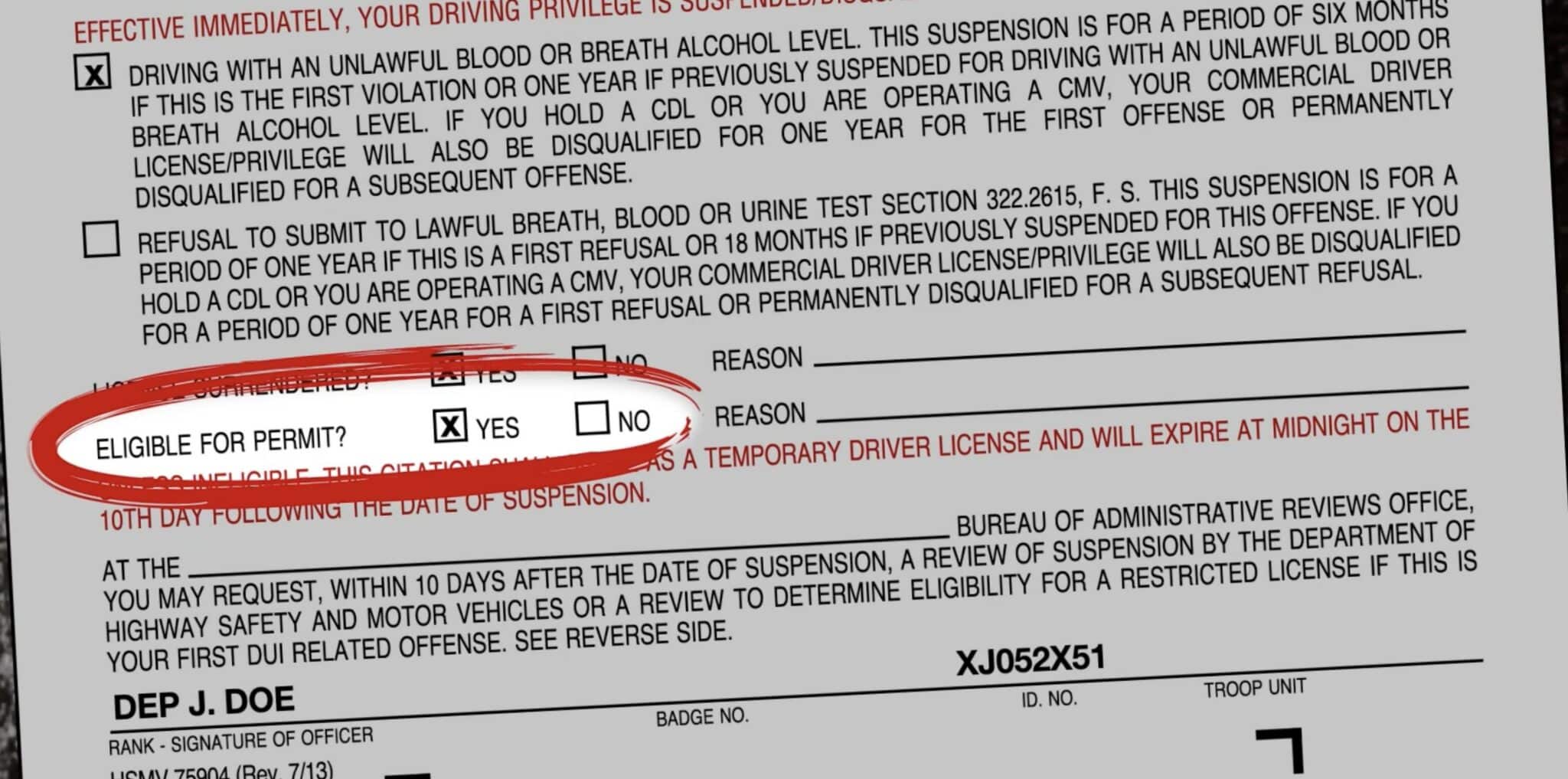 Sample Florida DUI citation