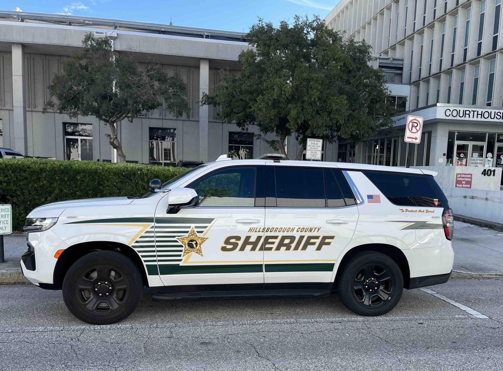 Hillsborough County Sheriff's Office vehicle parked in front of the Tampa Courthouse.