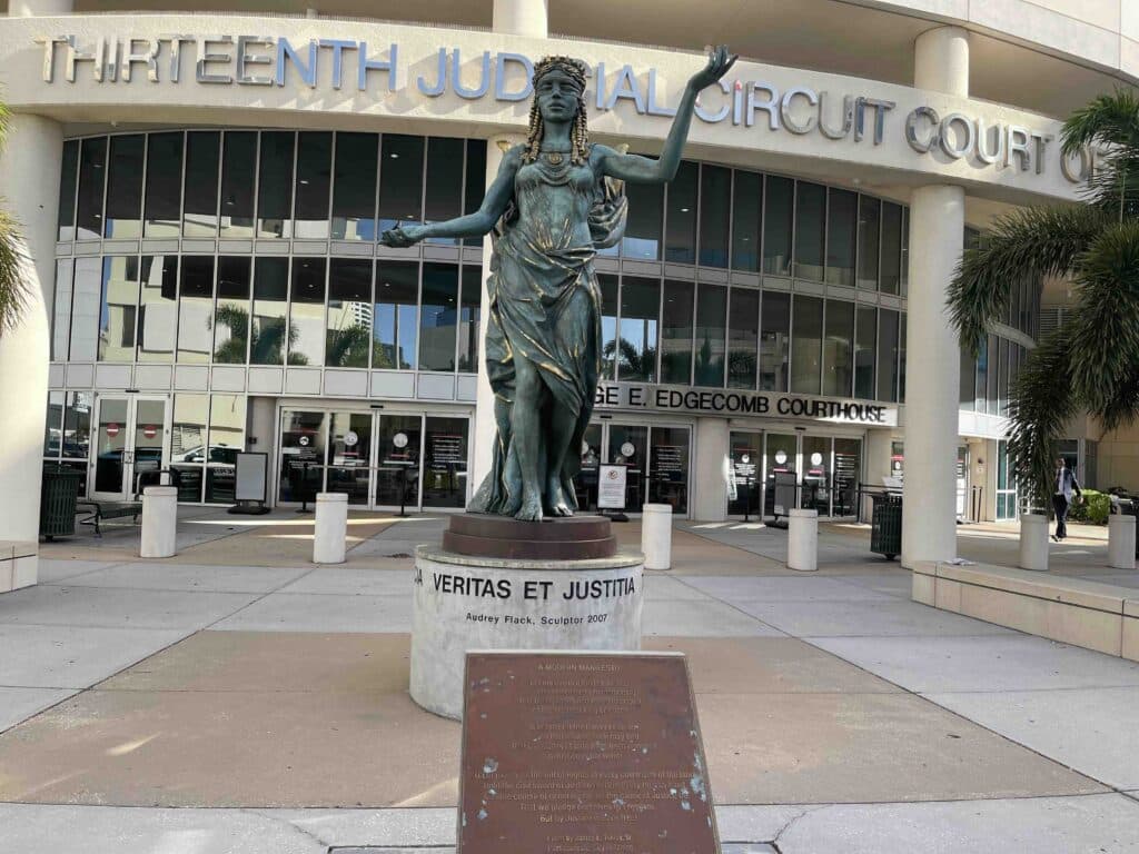 The lady justice statue located in front of the Hillsborough County Courthouse